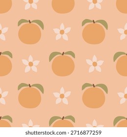 Orange Fruit Blossom nahtloses Muster. Netter tropischer Hintergrund mit pastellfarbenen Naturelementen, Blumen und Blättern. Minimale organische Form. Vektorgrafik