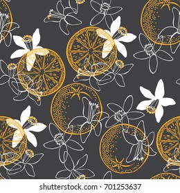 Orange Fruit And Blossom. Seamless Vector Pattern.