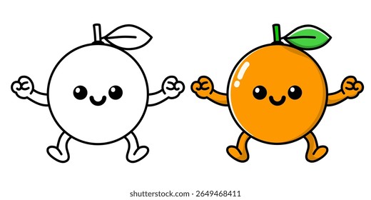 orange fruit cartoon character with happy smiling expression complete with sketch, orange icon, orange logo, suitable for sticker or emot.