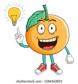 Orange fruit cartoon character has idea with light bulb and funny smile face