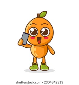 Orange fruit cartoon character holding a smartphone