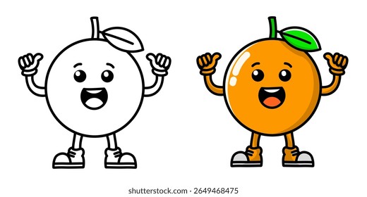 orange fruit cartoon character with joyful expression complete with sketch, orange icon, orange logo, suitable for sticker or emot.