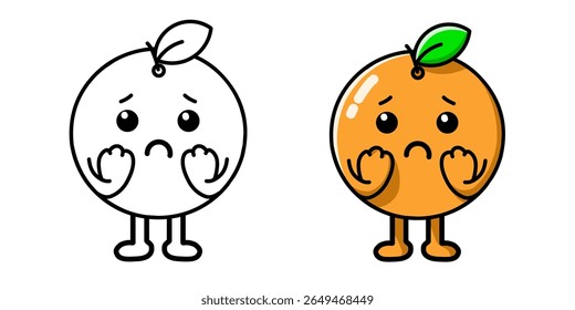 orange fruit cartoon character with sad expression complete with sketch, orange icon, orange logo, suitable for sticker or emot.