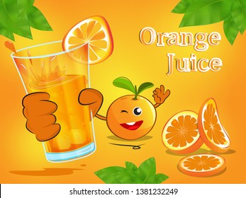Orange fruit cartoon holding a glass of orange juice on juicy orange background. orange juice advertising.
vector illustration.
