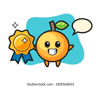 Orange fruit cartoon holding a golden badge
