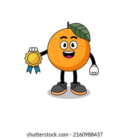 orange fruit cartoon illustration with satisfaction guaranteed medal , character design
