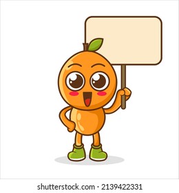 Orange Fruit cartoon mascot character holding a board. vector drawing cute modern style design for t shirt, sticker, logo element for t-shirt, sticker, logo element