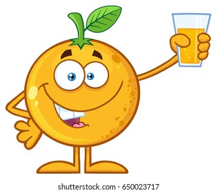 Orange Fruit Cartoon Mascot Character Presenting And Holding Up A Glass Of Juice. Vector Illustration Isolated On White Background