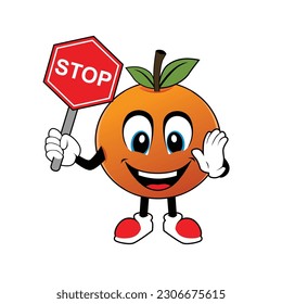 Orange Fruit Cartoon Mascot mascot holding up a Stop sign .Illustration for sticker icon mascot and logo