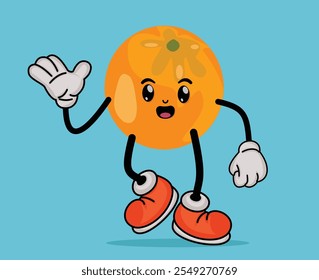 Orange Fruit Cartoon Mascot Waving Hand with Happy Expression in Flat Cute Cartoon Style or Orange Fruit Cartoon Mascot with Arms and Legs