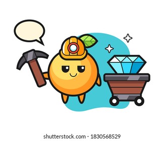Orange fruit cartoon as a miner