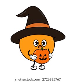 Orange fruit character in a black witch hat holding a carved jack o' lantern pumpkin, cute Halloween costume illustration on a white background, playful seasonal clip art