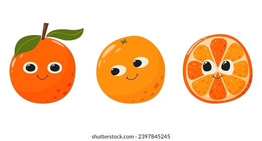 Cara de fruta naranja. Ilustración de vectores de vitamina de verano aislada en blanco. Rebanada y fruta entera