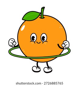 Personaje de fruta naranja con una hoja verde en la parte superior y una cara feliz realizando ejercicio de hula hoop, que simboliza la salud, la forma física y la actividad lúdica en un estilo de dibujos animados retro con gruesos contornos negros