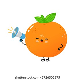 Personagem de fruta laranja com um rosto feliz segurando um pequeno megafone, gritando e fazendo um anúncio, representando comunicação, atenção e promoção