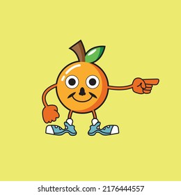 orange fruit character pointing cute vector logo icon, good for health, children's food intake, nutrition, children's book drawing.