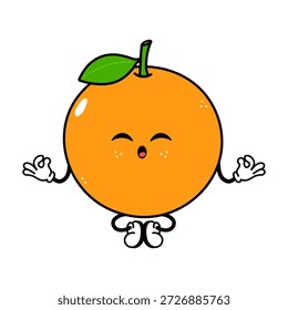 Personagem de fruta laranja sentado em pose de ioga de pernas cruzadas, realizando uma meditação Om com olhos fechados e expressão serena, simbolizando a paz, atenção e vida saudável