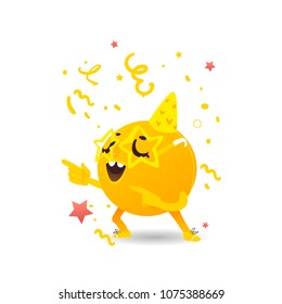 Orange fruit character at summer party . Orange in fancy star glasses dancing. Summer vacation, party poster. Isolated vector illustration, white background