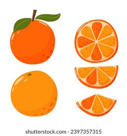 Recogida de frutos naranjas en estilo plano dibujado a mano, conjunto de ilustraciones vectoriales. Cortes de naranja y frutas enteras, elementos de diseño gráfico. Ingredientes de jugo de vitamina para dibujos animados.