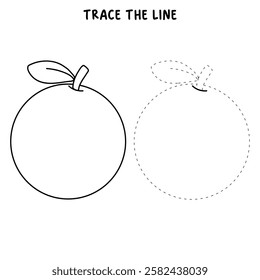 Orange fruit coloring page for kids, kindergarten and preschool activity. worksheets printable. Trace and color orange. Doodle hand drawn orange fruit clipart vector. 