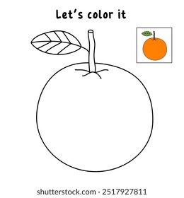 Orange fruit coloring pages for kids. Trace and color orange vector. Coloring page and tracing worksheet fruit of orange. Kindergarten and preschool activity.