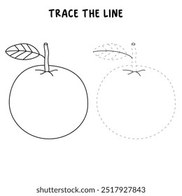 Orange fruit coloring pages for kids. Trace and color orange vector. Coloring page and tracing worksheet fruit of orange. Kindergarten and preschool activity.