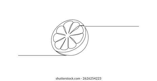 Fruta de naranja en estilo de dibujo de línea continua. Dibujo lineal negro minimalista de rebanada de fruta aislado sobre fondo blanco. Ilustración vectorial