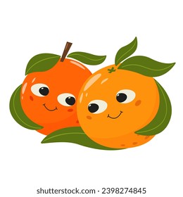 Orange fruit couple in love. Cute fruit characters with faces. Happy Valentine's Day concept, cartoon romantic vector illustration.