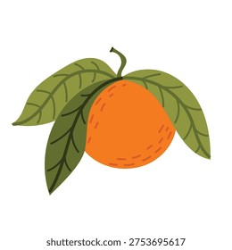 orange fruit with decorative leaves. Minimal citrus illustration in flat vector style isolated on white background. Fresh organic fruit element for grocery packaging, juice labels and healthy lifestyle design.
