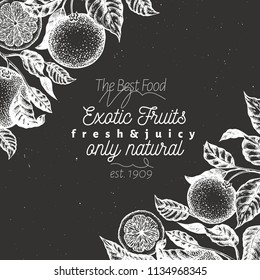 Orange fruit design template. Hand drawn vector fruit illustration on chalk board. Engraved style banner. Retro citrus background.