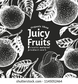 Orange fruit design template. Hand drawn vector fruit illustration on chalk board. Engraved style frame. Vintage citrus background.