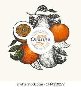 Orange fruit design template. Hand drawn vector fruit illustration. Engraved style vintage citrus background.