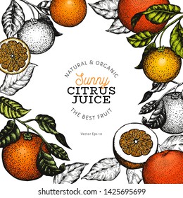 Orange fruit design template. Hand drawn vector fruit illustration. Engraved style vintage citrus background.