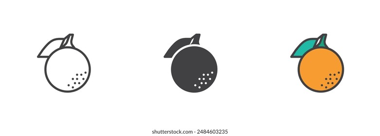 Conjunto de iconos de diferentes estilos de fruta naranja. Línea, glifo y contorno relleno versión colorida, contorno y Vector relleno signo. Jugoso símbolo de comida tropical, ilustración de logotipo. Vector gráfico