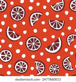 Orange fruit and dots seamless pattern. Christmas season simple vector background in red and orange colors. Dried orange slices repeat pattern.