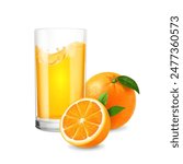 Orange fruit and drinking glass of orange juice isolated realistic on white background