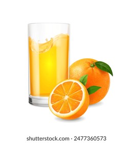 Orange fruit and drinking glass of orange juice isolated realistic on white background