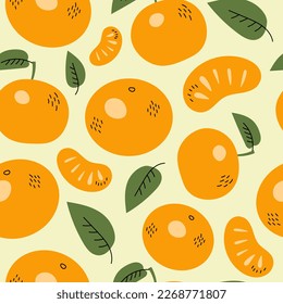 Patrón sin soldadura de sabor a fruta naranja. La mandarina o el mandarín saben a fondo sin fisuras con hojas y rodajas. Papel de envasado de productos alimenticios, envoltura de aroma tropical. Ilustración del vector