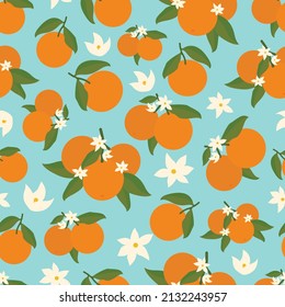 Orange fruit with flower seamless pattern. funky retro pop vintage bright colors. Repeat motif design wallpaper background print fabric textile 