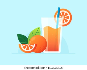 Orange fruit with fresh orange fruit. Flat design style. 