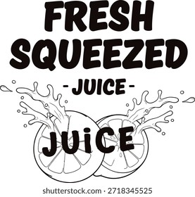 Ilustración vectorial de jugo exprimido de fruta de naranja, tipografía de bebida cítrica, concepto de vitamina saludable aislado negro en diseño transparente para etiqueta de bebida y dieta orgánica