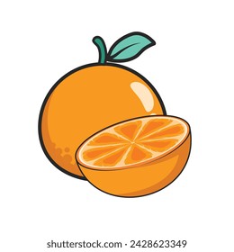 Orange fruit, fresh whole with green leaf and orange slice. Cut slice and leaves ripe orange fruit isolated on white or transparent background. Tangerine vector illustration