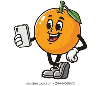 Orange fruit with gadget cartoon mascot illustration character vector clip art hand drawn