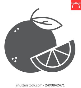 Orangefarbenes Fruchtsymbol, frisch und fruchtig, Orangefarbene Vektorgrafik-Ikone, Vektorgrafik-Grafiken, bearbeitbares Strich-Festzeichen, EPS 10.