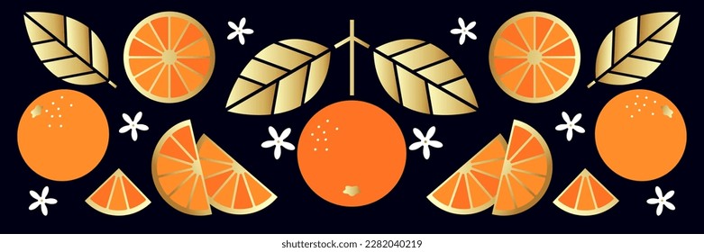 Orange fruit, gold leaves and small flowers on black background. Border or frieze. Fresh fruit. 