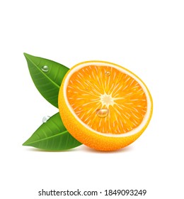 Orange fruit with green leaf and drops, on white background, sweet citrus, healthy food, candied fruits.