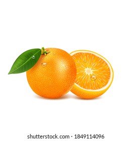 Orange fruit with green leaf and drops, on white background, sweet citrus, healthy food, candied fruits.