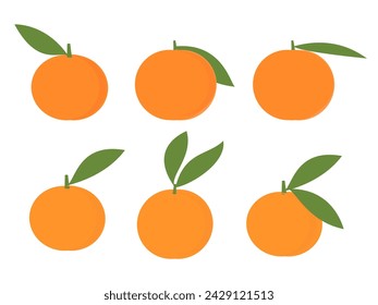 Orange fruit with green leaf icon set isolated on white background vector illustration.