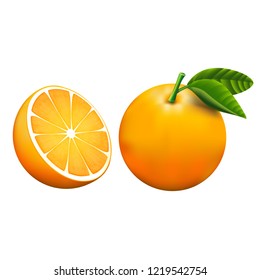 Orange fruit with a green leaf isolated. Vector illustration Eps 10.vector high detail. Detailed realistic ripe fresh Oranges.