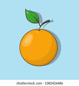 Orange fruit with green leaf isolated on blue background. Orange icon illustration.